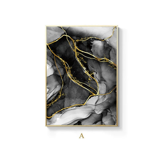 Black White Golden Marble Effect Abstract Wall Art Fine Art Canvas Prints For Modern Apartment Living Room Home Decor