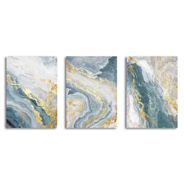 Subtle Hues Pale Blue Green Golden Flash Marble Print Abstract Wall Art Wall Modern Loft Apartment Luxury Living Room Home Office Interior Decor