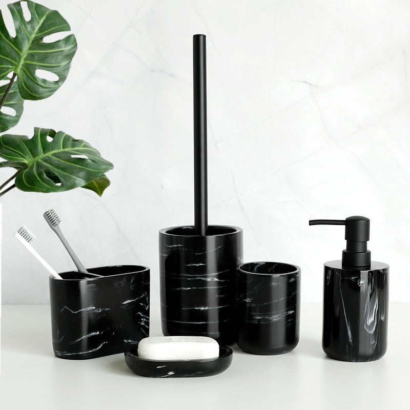 Minimalist Black White Marble Style Bathroom Accessories Set Liquid Soap Dispenser Toothbrush Holder Rinse Cup Soap Dish Toilet Brush Modern Washroom Essentials
