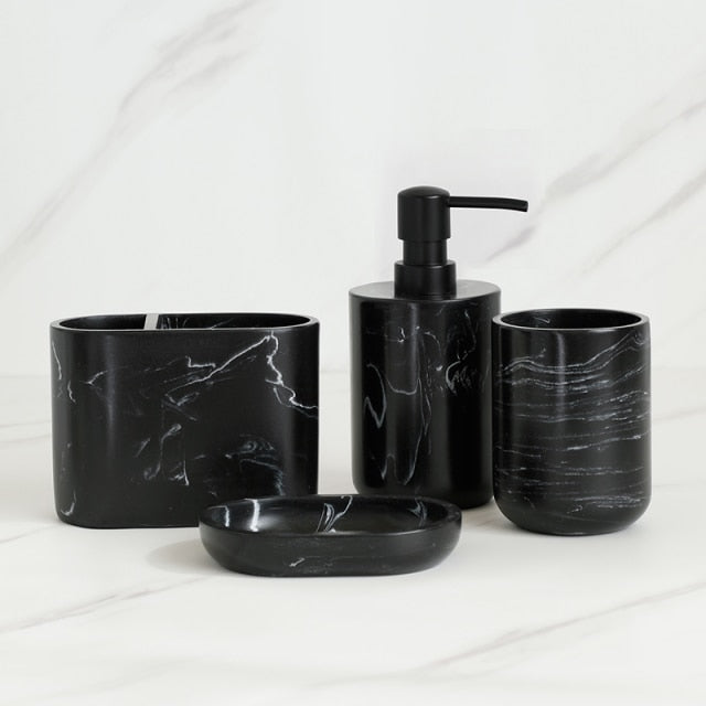 Minimalist Black White Marble Style Bathroom Accessories Set Liquid Soap Dispenser Toothbrush Holder Rinse Cup Soap Dish Toilet Brush Modern Washroom Essentials