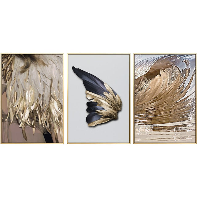 Modern Chic Abstract Golden Feathers Wall Art Sea Surf Feathered Wing Fine Art Canvas Print Pictures For Luxury Living Room Bedroom Glam Home Decor