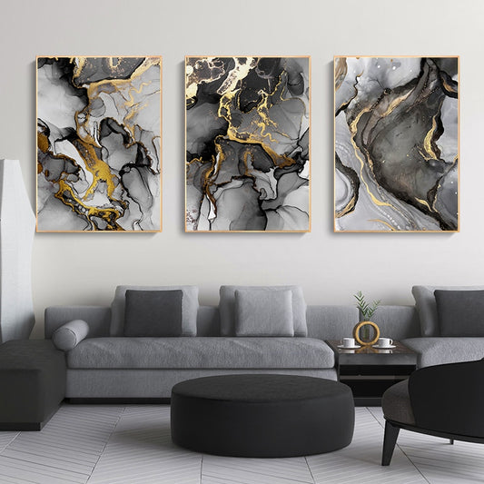 Golden Black Gray Marble Print Wall Art Fine Art Canvas Posters Modern Abstract Pictures For Luxury Loft Apartment Living Room Home Office Interior Design