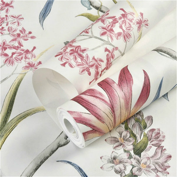 Vintage Chinoiserie Garden Floral Pink Blue Wallpaper Tropical Flowers Birds Butterflies Retro Wall Covering Living Room Wall Decor