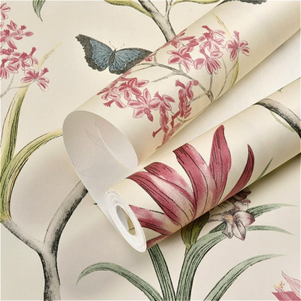 Vintage Chinoiserie Garden Floral Pink Blue Wallpaper Tropical Flowers Birds Butterflies Retro Wall Covering Living Room Wall Decor