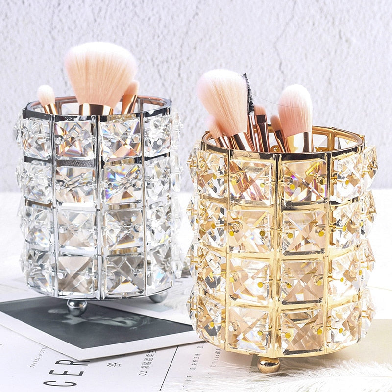 Crystal Beads Bling Makeup Storage Pot Cosmetics Organizer Jewelry Box Gold Or Silver Metal With Crystal Beads Glam Bedroom Decor