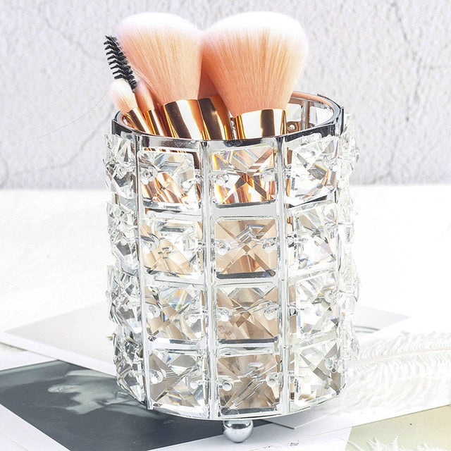 Crystal Beads Bling Makeup Storage Pot Cosmetics Organizer Jewelry Box Gold Or Silver Metal With Crystal Beads Glam Bedroom Decor