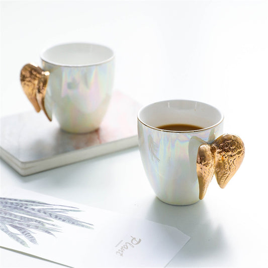 Angel Wings Coffee Mug Cute White Ceramic Personal Coffee Mug With Golden Angels Wings Handgrip Stylish Bone China Creative Luxury White Gold Ceramic Mug