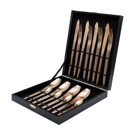 Rose Gold Stainless Steel Modern Cutlery Set Contemporary Design Flatware Japanese Style Dinnerware Spoon Fork Knife Modern Dining Tableware Set