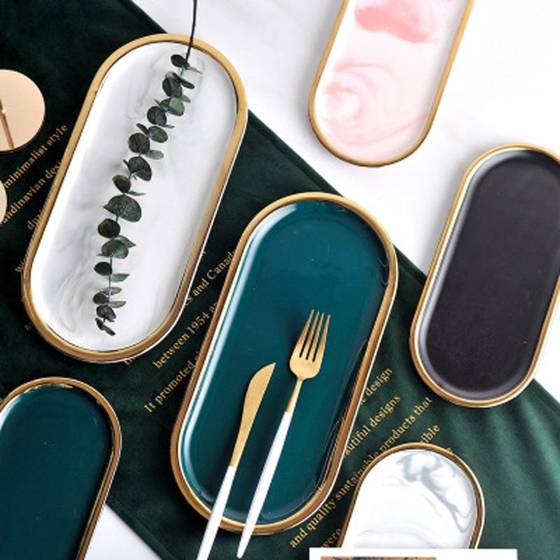 Fashionable Gold Plated Ceramic Marble Storage Trays For Kitchen Serving Dishes For Desserts Snacks Modern Kitchen Tableware