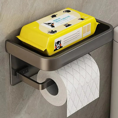 Multifunctional Black Gold Toilet Paper Holder – Wall Mount Shelf with Phone Stand & Towel Roll Storage