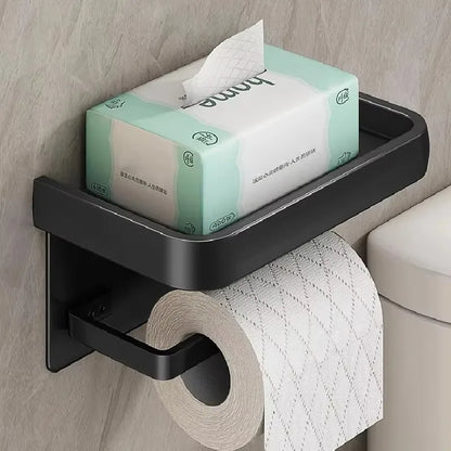 Multifunctional Black Gold Toilet Paper Holder – Wall Mount Shelf with Phone Stand & Towel Roll Storage