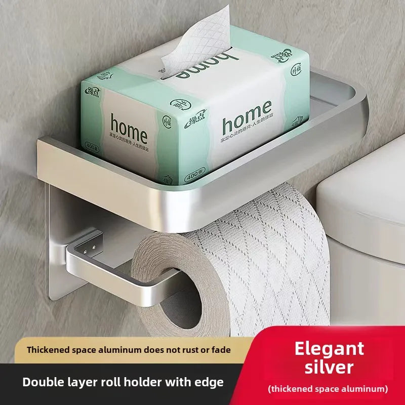 Multifunctional Black Gold Toilet Paper Holder – Wall Mount Shelf with Phone Stand & Towel Roll Storage