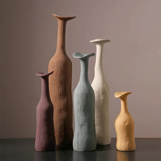 Artisan Ceramic Vase – Primitive-Inspired Abstract Sculptured Art Vases For Contemporary Interior Design - Soft Morandi Hues