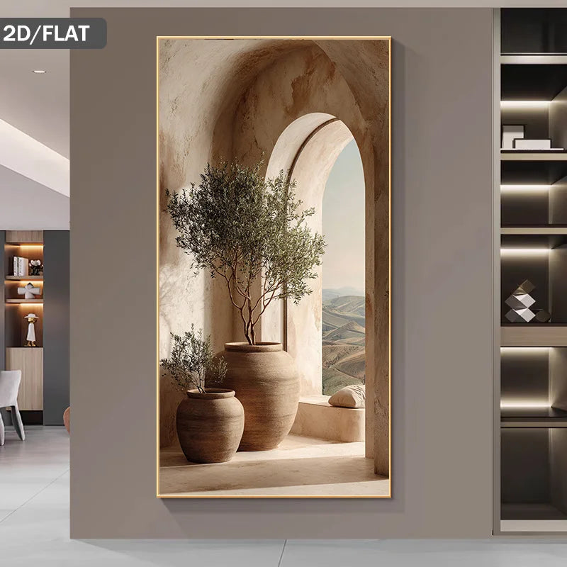 Big Sizes Mediterranean Olive Tree Archway Landscape Wall Art Fine Art Canvas Print – Modern Escapism Art Poster for Living Room, Bedroom &amp; Office Décor | Neutral Landscape Print for Contemporary Home Styling