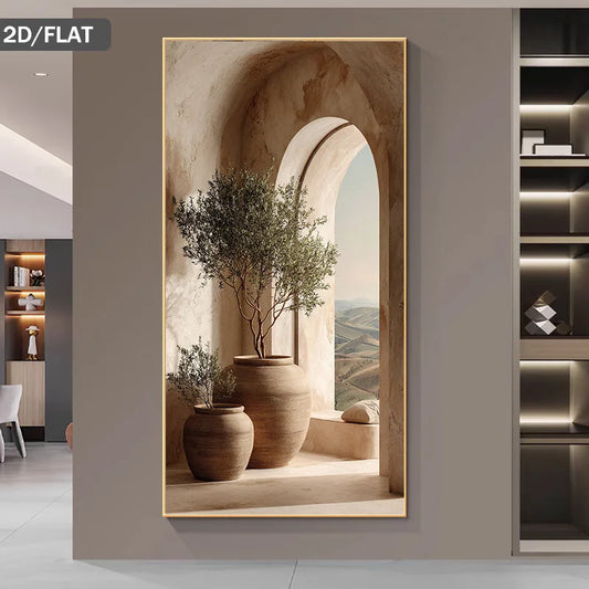 Big Sizes Mediterranean Olive Tree Archway Landscape Wall Art Fine Art Canvas Print – Modern Escapism Art Poster for Living Room, Bedroom &amp; Office Décor | Neutral Landscape Print for Contemporary Home Styling