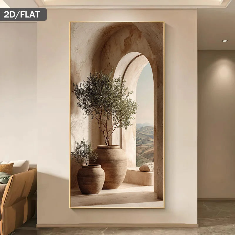 Big Sizes Mediterranean Olive Tree Archway Landscape Wall Art Fine Art Canvas Print – Modern Escapism Art Poster for Living Room, Bedroom &amp; Office Décor | Neutral Landscape Print for Contemporary Home Styling