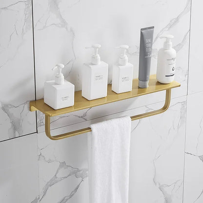 Bathroom shelf with toiletries against a marble wall