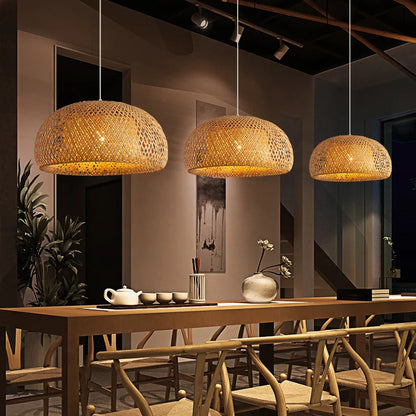 Elegant Oriental Bamboo Lantern Pendant Light – 30cm Hand‑Woven Natural Rattan Wicker Lampshade with E27 LED Bulb Support, Decorative Hanging Ceiling Fixture for Dining Rooms, Bedrooms & Modern Homes