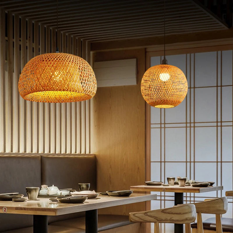 Elegant Oriental Bamboo Lantern Pendant Light – 30cm Hand‑Woven Natural Rattan Wicker Lampshade with E27 LED Bulb Support, Decorative Hanging Ceiling Fixture for Dining Rooms, Bedrooms & Modern Homes