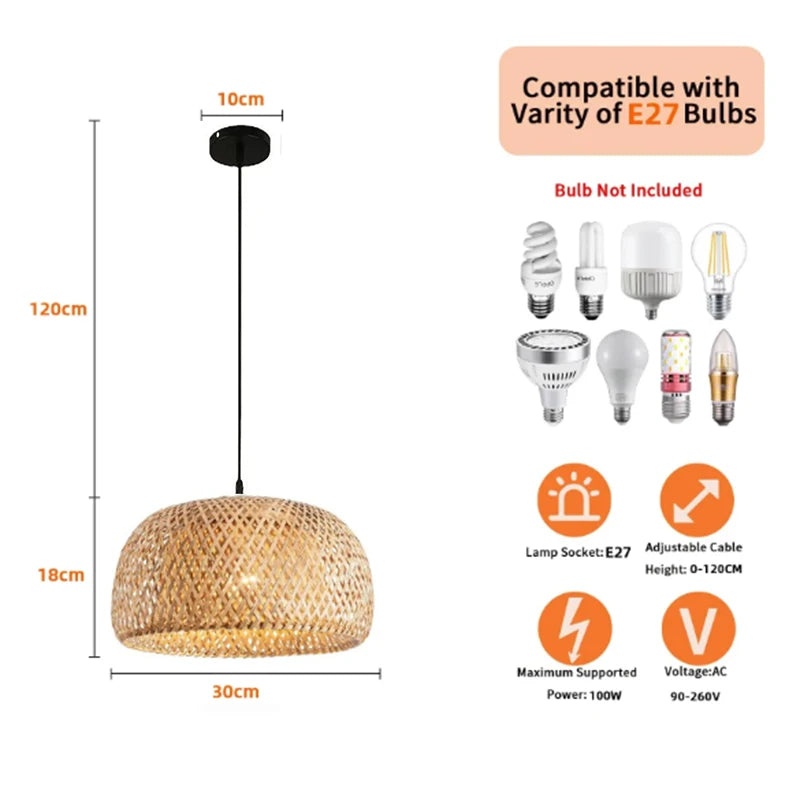 Elegant Oriental Bamboo Lantern Pendant Light – 30cm Hand‑Woven Natural Rattan Wicker Lampshade with E27 LED Bulb Support, Decorative Hanging Ceiling Fixture for Dining Rooms, Bedrooms & Modern Homes