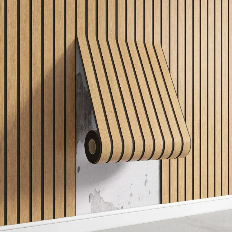 Faux Wood Slat Wallpaper – Self-Adhesive Vertical Strip Wall Panels for Living Room TV Backdrop Home Office & Modern Interiors