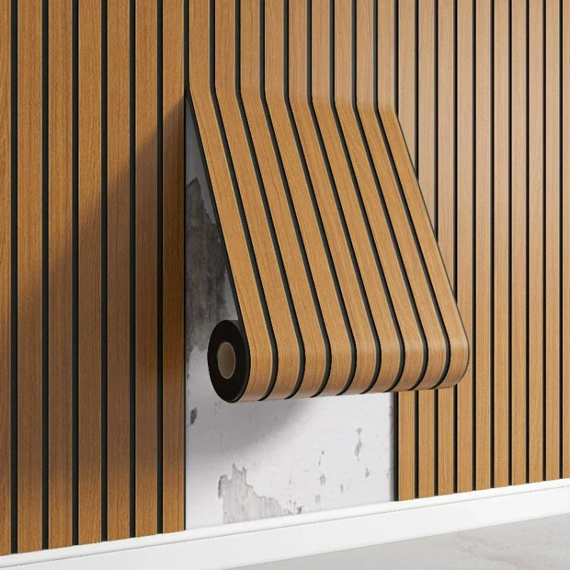 Faux Wood Slat Wallpaper – Self-Adhesive Vertical Strip Wall Panels for Living Room TV Backdrop Home Office & Modern Interiors