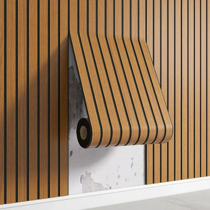 Faux Wood Slat Wallpaper – Self-Adhesive Vertical Strip Wall Panels for Living Room TV Backdrop Home Office & Modern Interiors