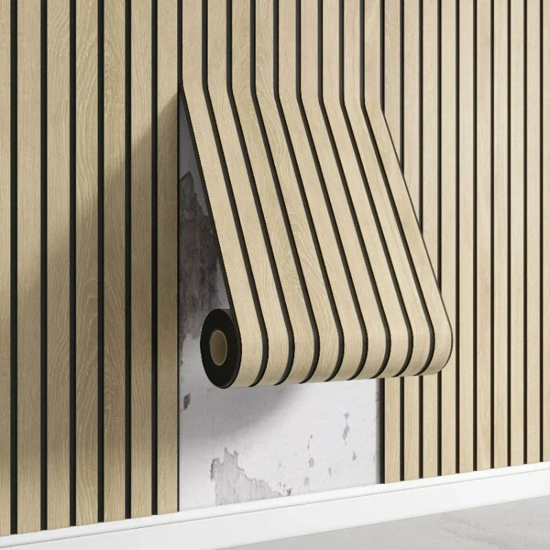 Faux Wood Slat Wallpaper – Self-Adhesive Vertical Strip Wall Panels for Living Room TV Backdrop Home Office & Modern Interiors