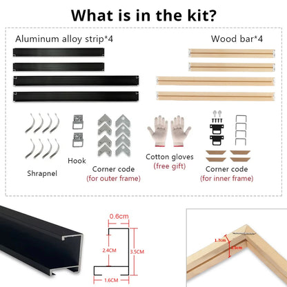 Gold & Black DIY Frame Kit – Aluminum Outer Frame with Wooden Inner Frame Gallery-Ready Canvas Display