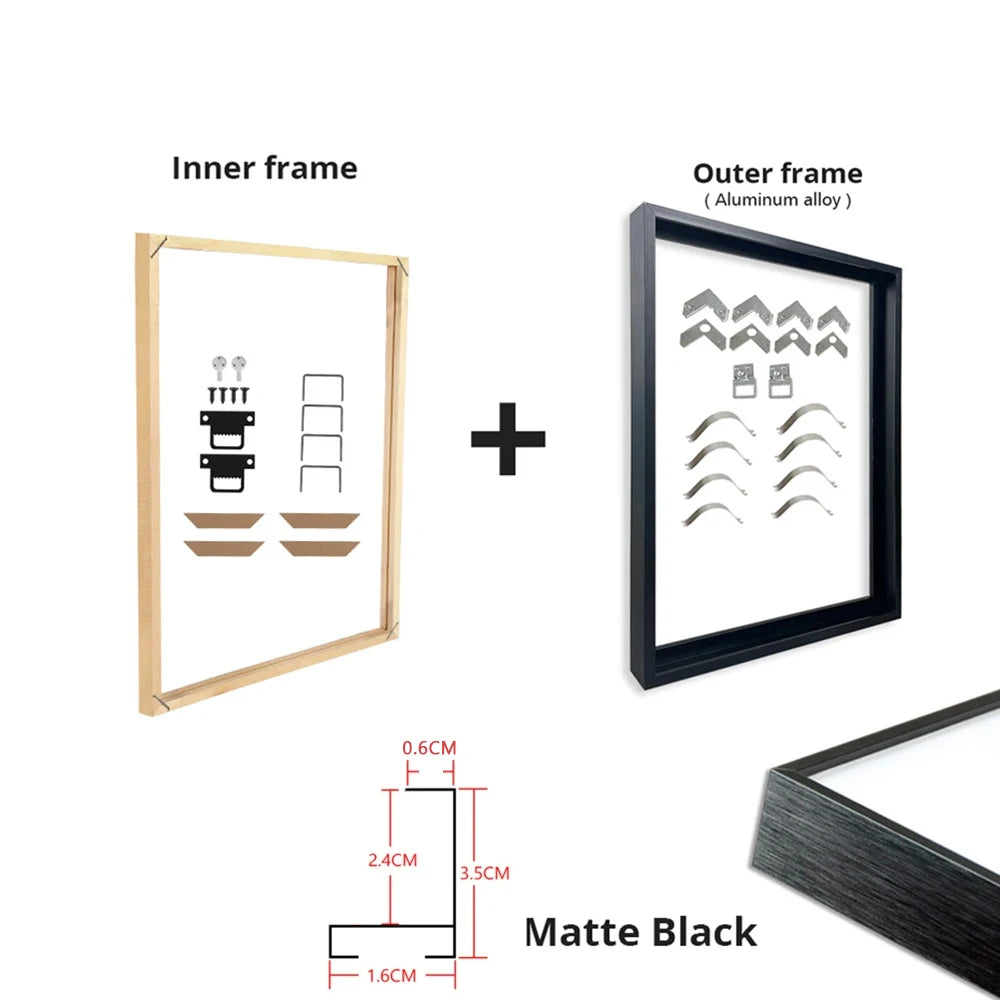 Gold & Black DIY Frame Kit – Aluminum Outer Frame with Wooden Inner Frame Gallery-Ready Canvas Display
