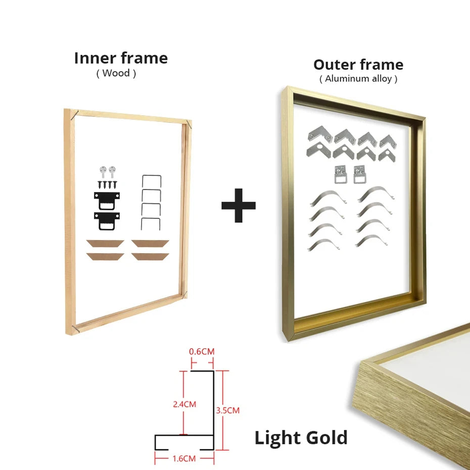 Gold & Black DIY Frame Kit – Aluminum Outer Frame with Wooden Inner Frame Gallery-Ready Canvas Display