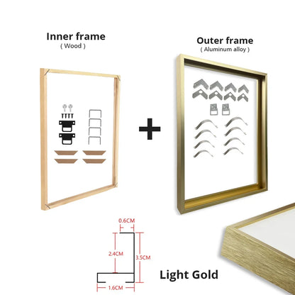 Gold & Black DIY Frame Kit – Aluminum Outer Frame with Wooden Inner Frame Gallery-Ready Canvas Display