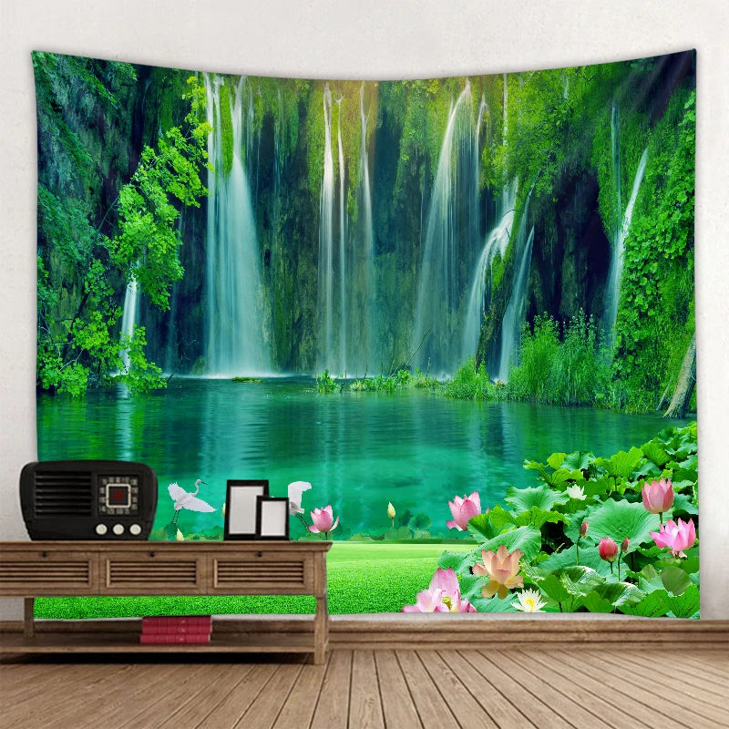 Exotic Natural Landscape Tapestry: Inspiring Waterfall Landscape and Forest Print - Bohemian Mandala Wall Decor with Calming Seascape Imagery