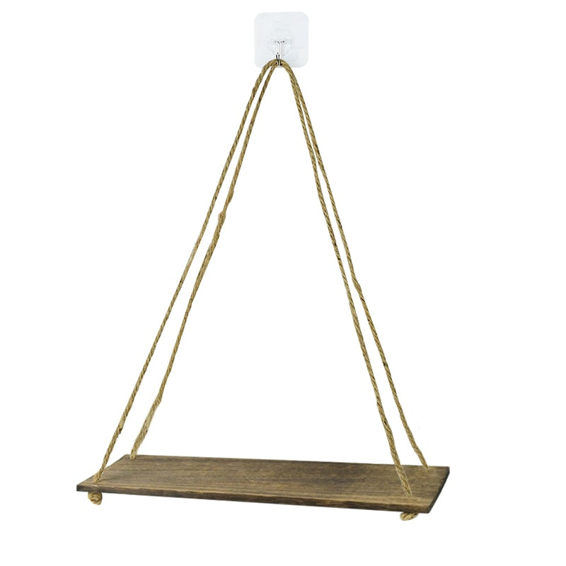 Nordic Hanging Rope Wall Mounted Floating Shelves Premium Wood Swing Plant Flower Pot Tray Scandinavian Home Decoration