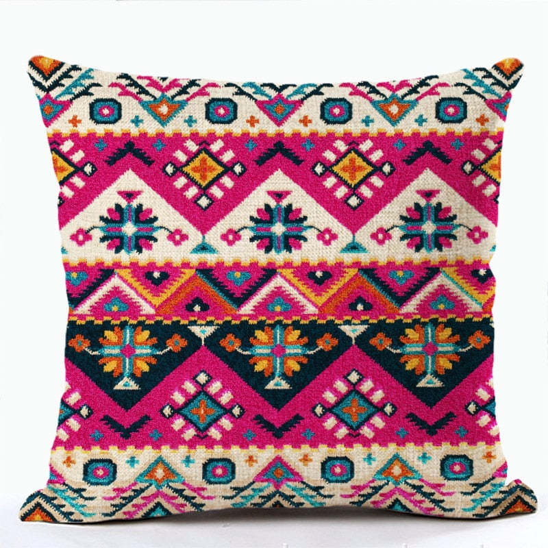 Bohemian Aztec Geometry Pattern Linen Cushion Case - Multicolored Abstract Ethnic Print Sofa Throw Cushion Cover for Living Room Decor
