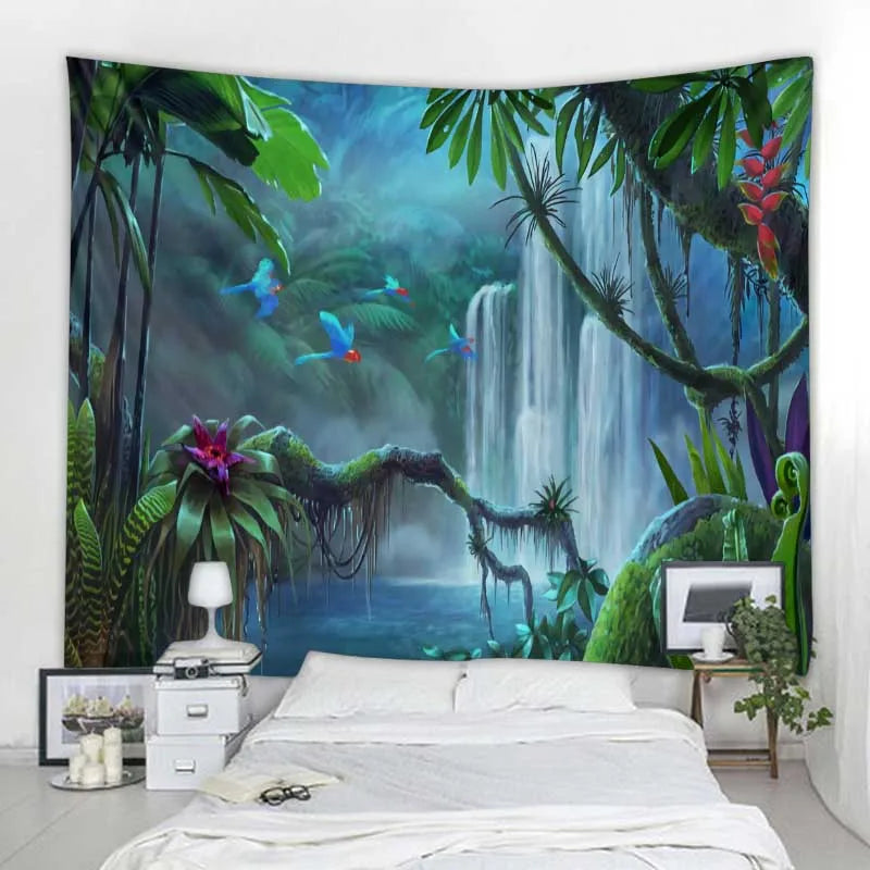Lush Tropical Waterfalls Exotic Landscape Tapestry: Inspiring Fantasy Landscape and Rainforest Print - Creative Bedroom Living Room Wall Decor