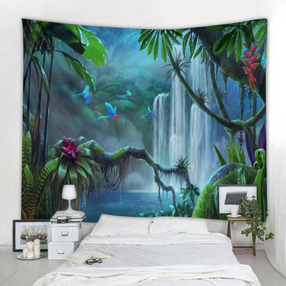 Lush Tropical Waterfalls Exotic Landscape Tapestry: Inspiring Fantasy Landscape and Rainforest Print - Creative Bedroom Living Room Wall Decor