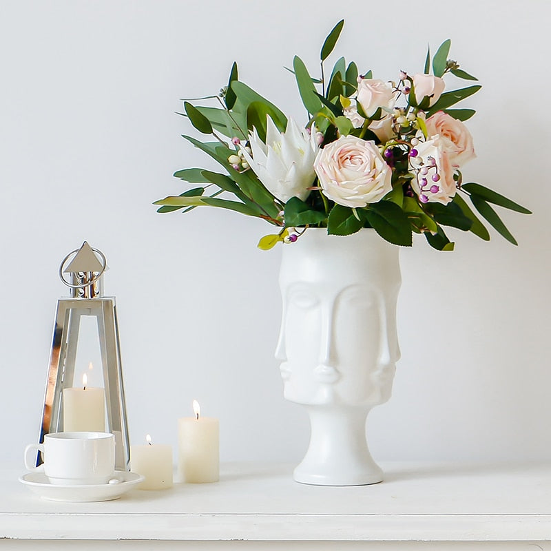 Nordic Creative White Ceramic Face Vase - Decorative Minimalist Tabletop Coffee Table Vase for Green Leaves & Simple Flowers