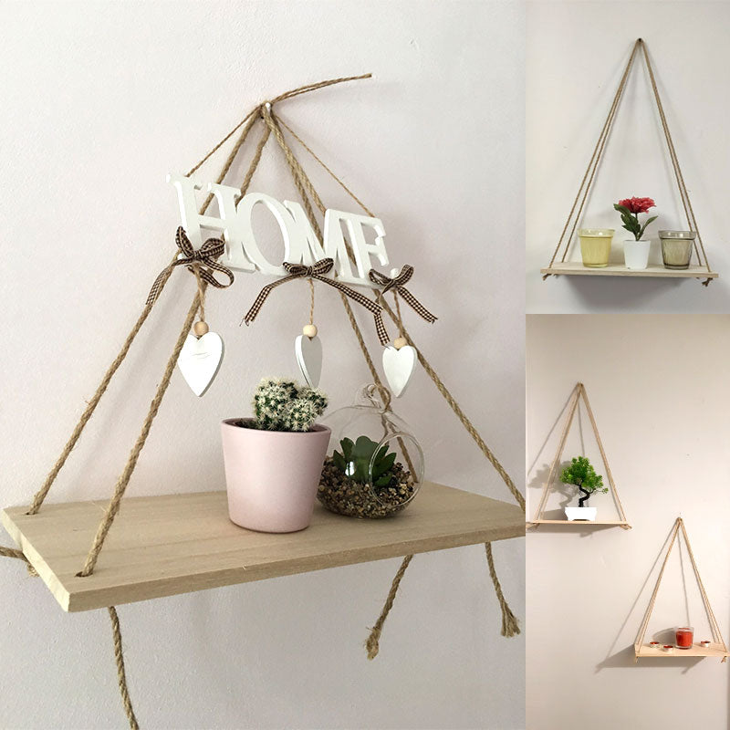 Nordic Hanging Rope Wall Mounted Floating Shelves Premium Wood Swing Plant Flower Pot Tray Scandinavian Home Decoration