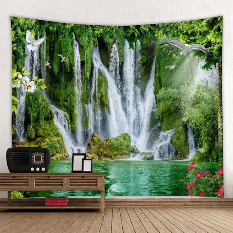 Exotic Natural Landscape Tapestry: Inspiring Waterfall Landscape and Forest Print - Bohemian Mandala Wall Decor with Calming Seascape Imagery