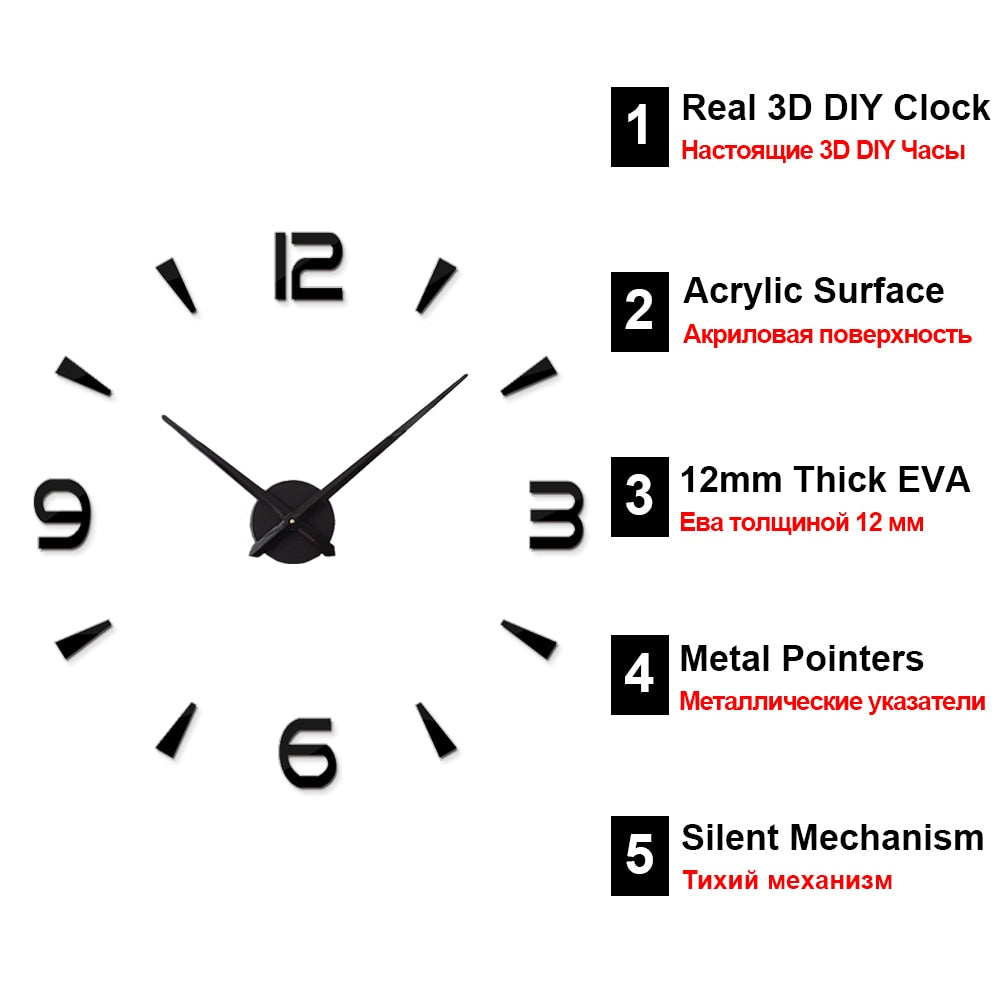 Large Wall Clock Quartz 3D DIY Big Watch with TIME Letter Decor Chrome Numerals Big Clock 1mtr Diameter
