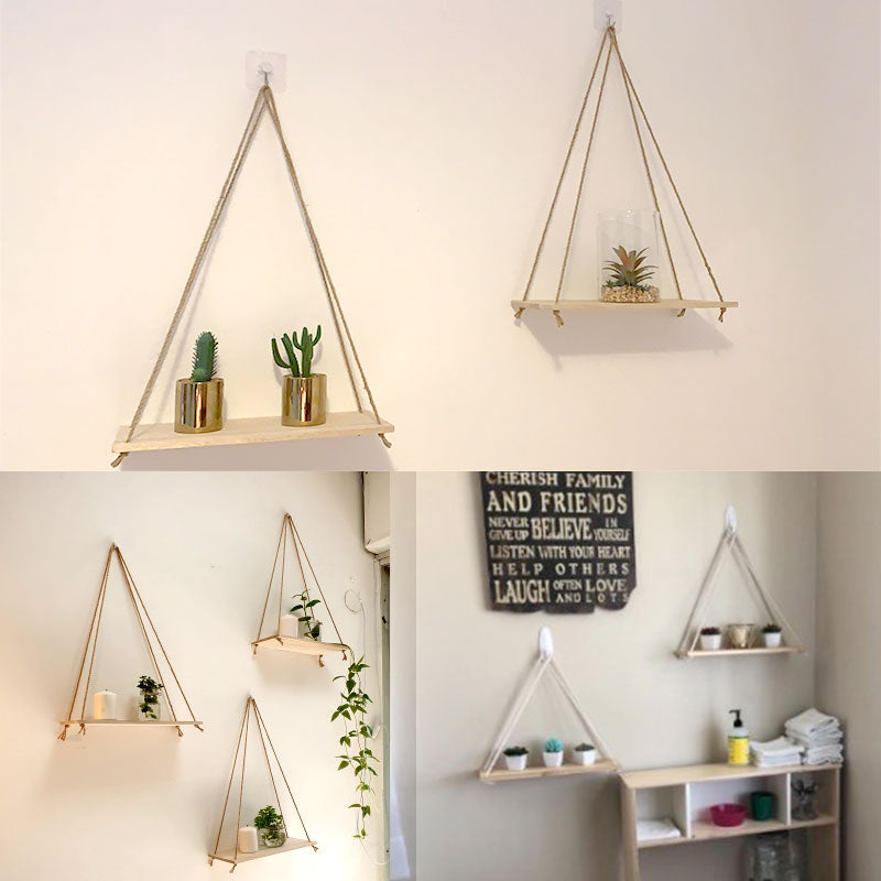 Nordic Hanging Rope Wall Mounted Floating Shelves Premium Wood Swing Plant Flower Pot Tray Scandinavian Home Decoration