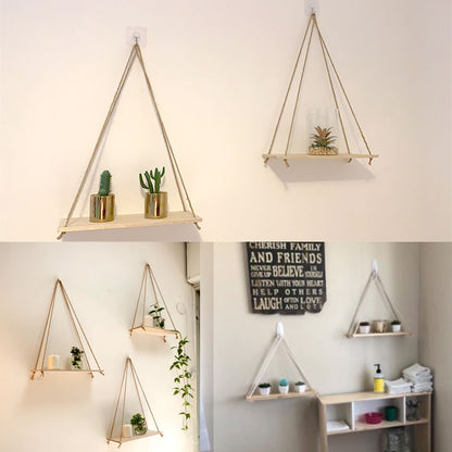 Nordic Hanging Rope Wall Mounted Floating Shelves Premium Wood Swing Plant Flower Pot Tray Scandinavian Home Decoration