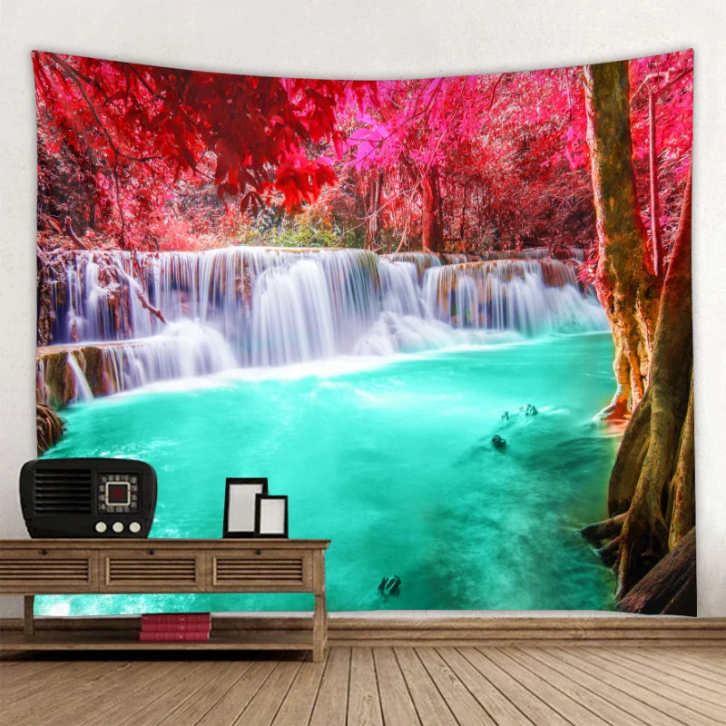 Exotic Natural Landscape Tapestry: Inspiring Waterfall Landscape and Forest Print - Bohemian Mandala Wall Decor with Calming Seascape Imagery