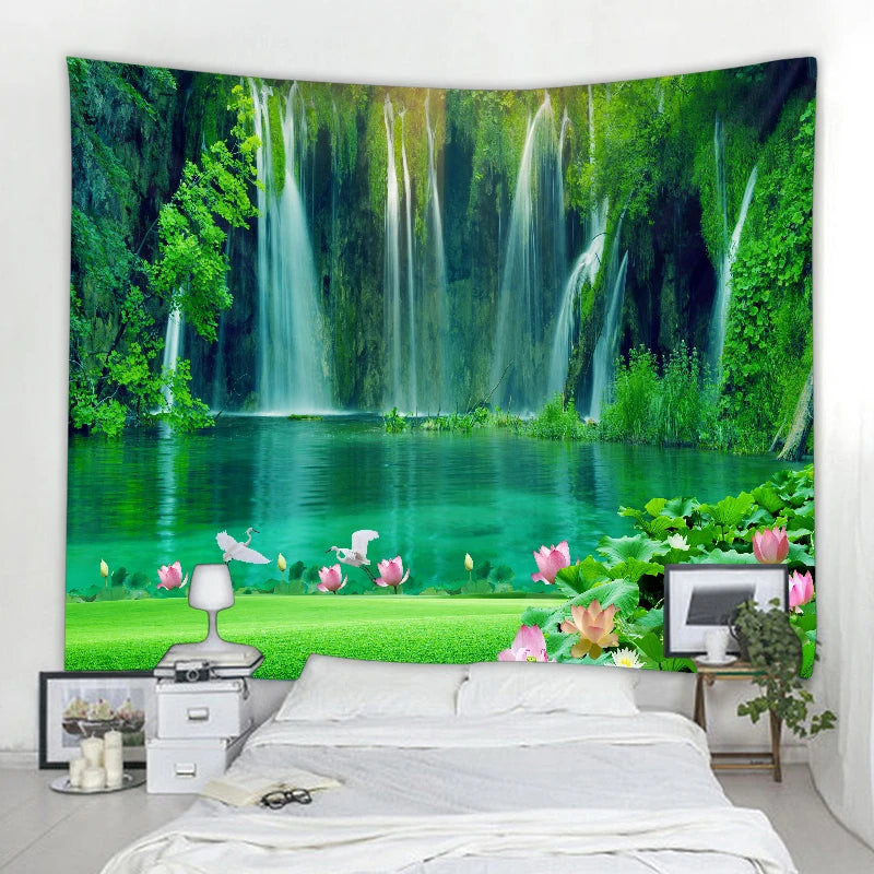 Exotic Natural Landscape Tapestry: Inspiring Waterfall Landscape and Forest Print - Bohemian Mandala Wall Decor with Calming Seascape Imagery