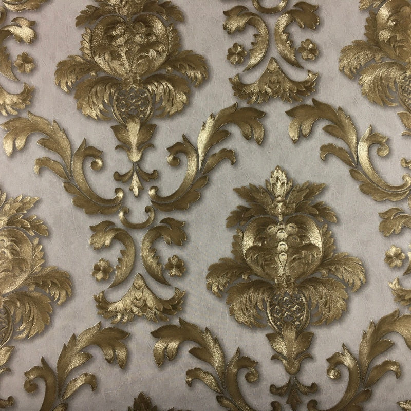 Luxury Gold Damask Wallpaper Textured Embossed Vinyl Wall Covering Classic Home Decor Beige-Grey Background & Gold Motif