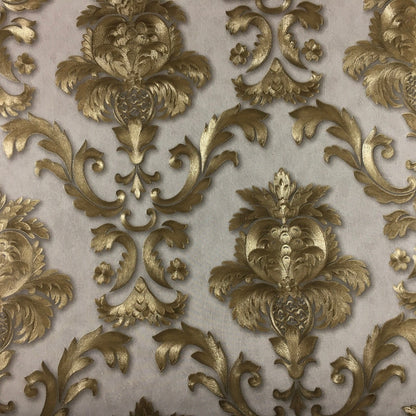 Luxury Gold Damask Wallpaper Textured Embossed Vinyl Wall Covering Classic Home Decor Beige-Grey Background & Gold Motif
