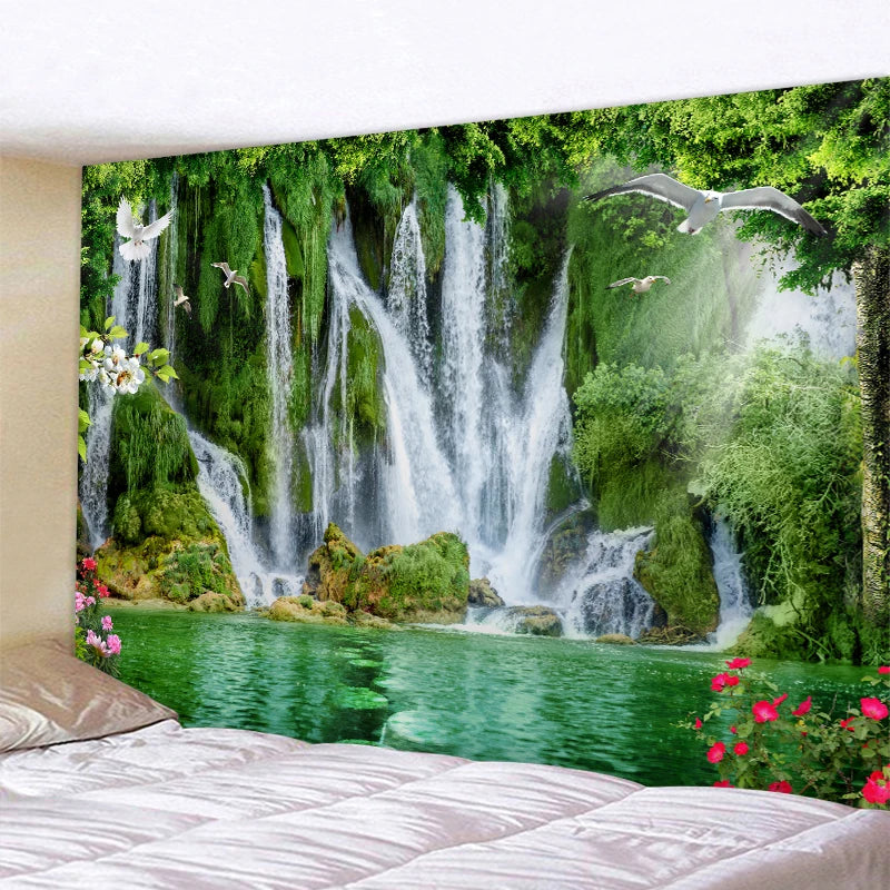 Exotic Natural Landscape Tapestry: Inspiring Waterfall Landscape and Forest Print - Bohemian Mandala Wall Decor with Calming Seascape Imagery