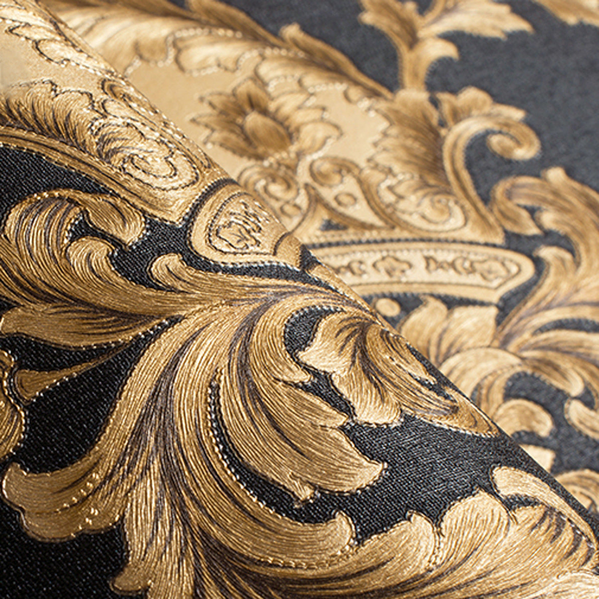 Luxury Embossed Black & Gold Damask Wallpaper Patterned Texture 3D Metallic Vinyl Wall Covering Opulent Interior Decor