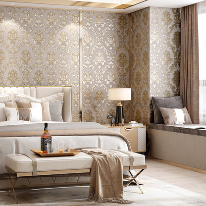 Luxury Gold Damask Wallpaper Textured Embossed Vinyl Wall Covering Classic Home Decor Beige-Grey Background & Gold Motif